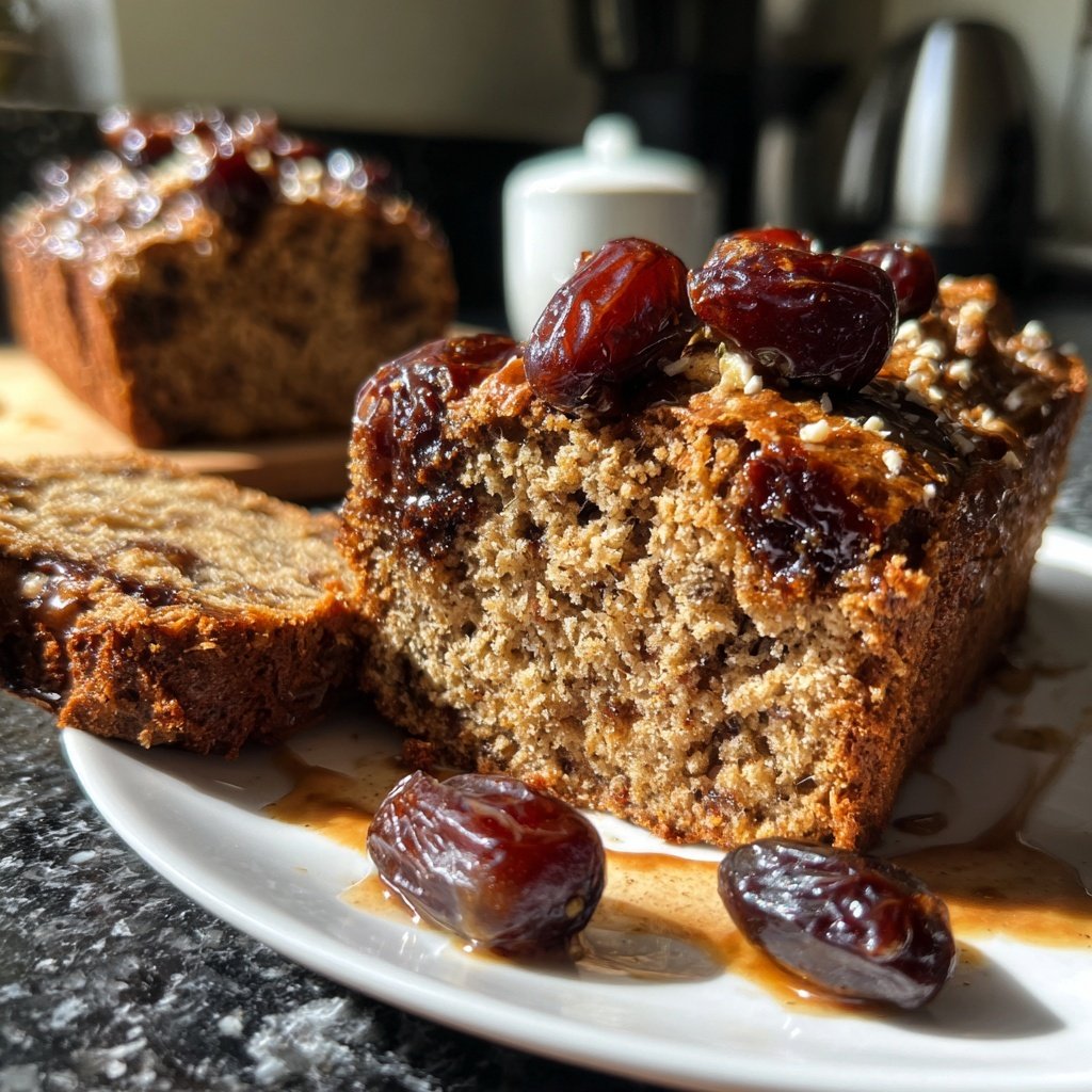 Bananenbrot mit Mandelmus und Datteln