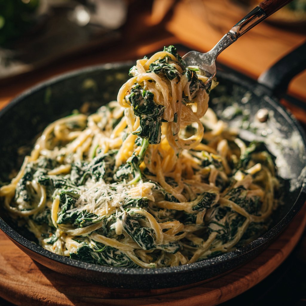 Mittagessen mit Nudeln und Spinat